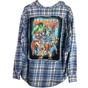 Reworked MARVEL Comics FLANNEL w/ distressed DENIM shirt patch Blue XL